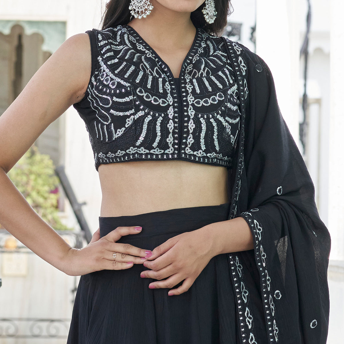 Black Sequins Embroidered Chiffon Lehenga Choli