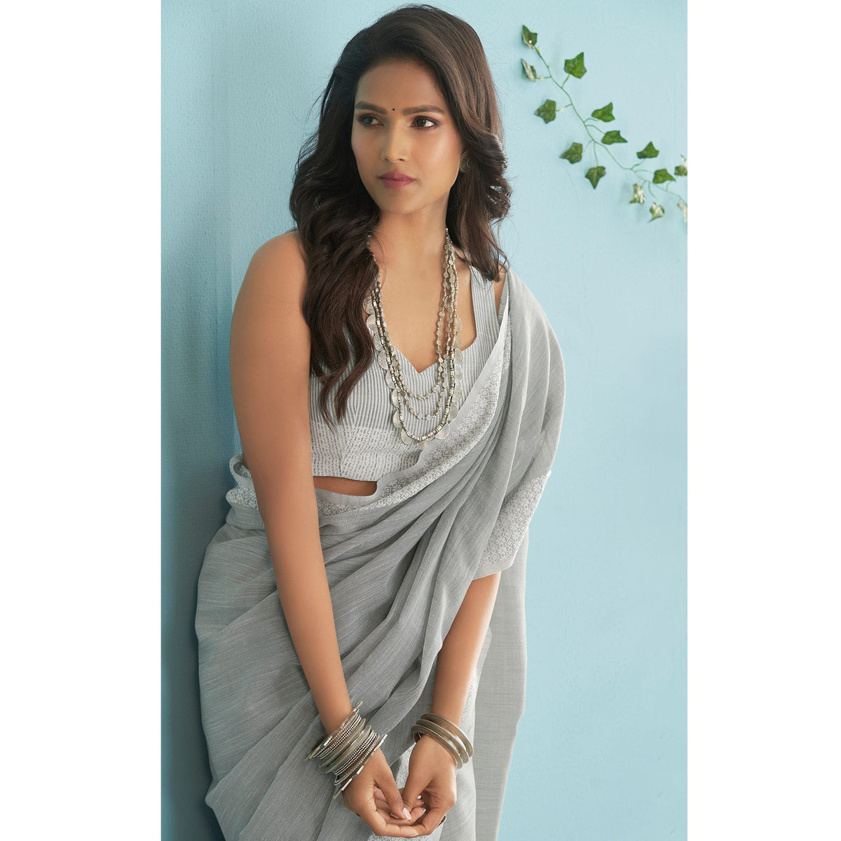 Grey Woven Linen Saree - Image 3