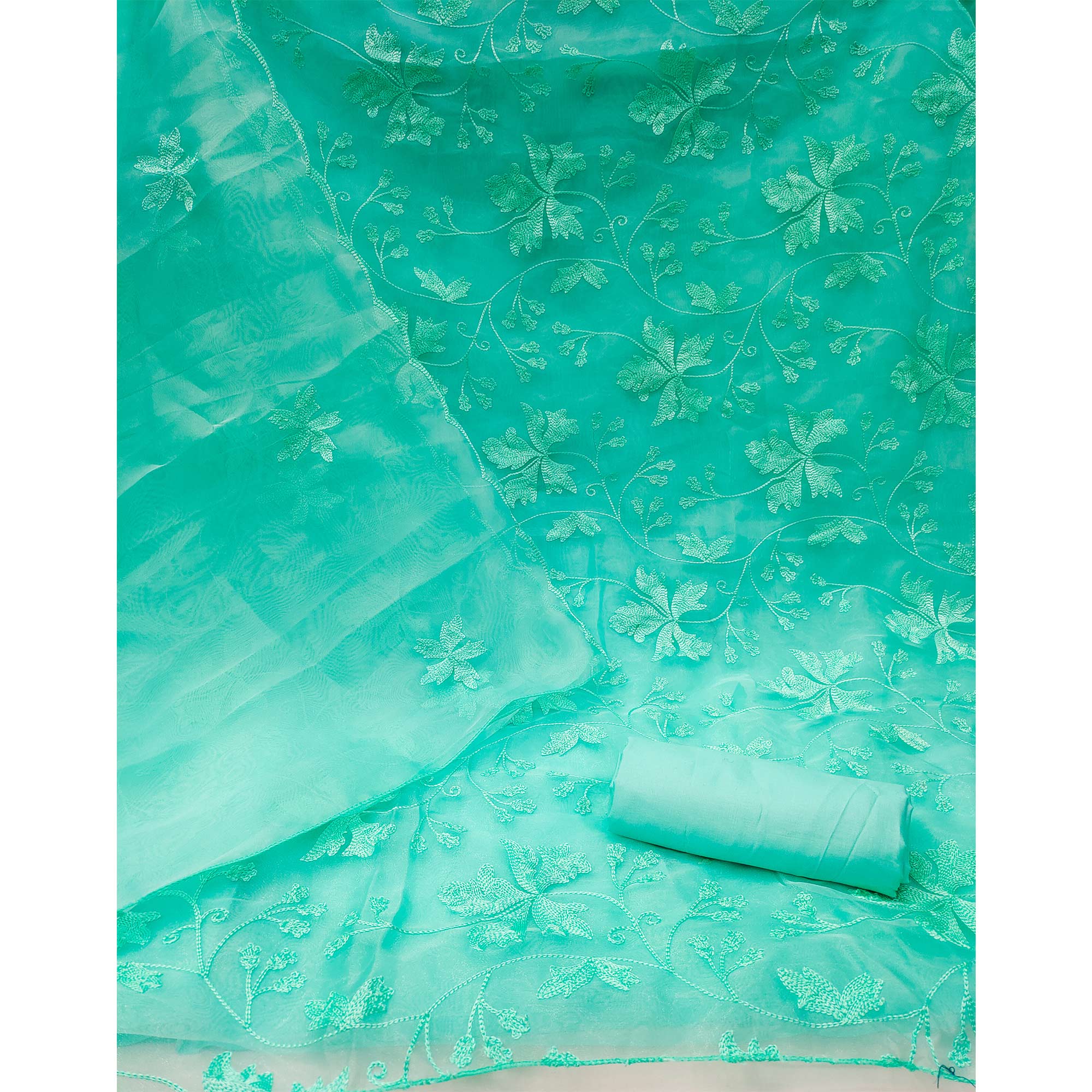 Turquoise Floral Embroidered Organza Dress Material