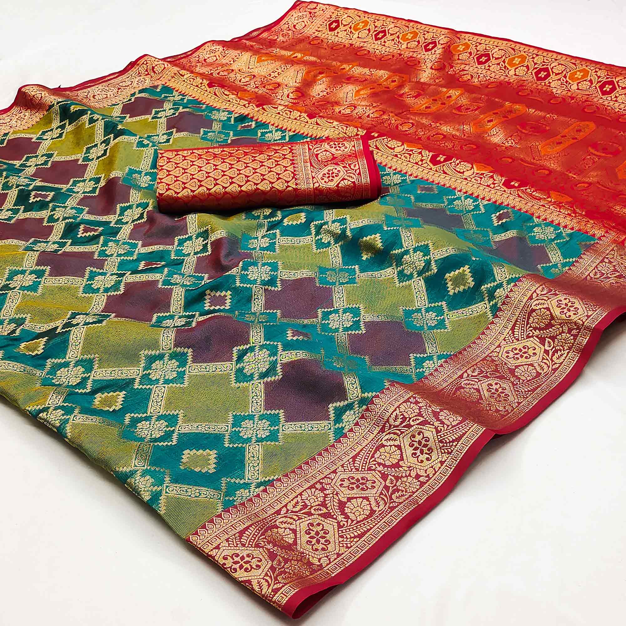 Multicolor Red Woven Cotton Silk Saree