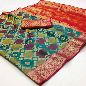 Multicolor Red Woven Cotton Silk Saree