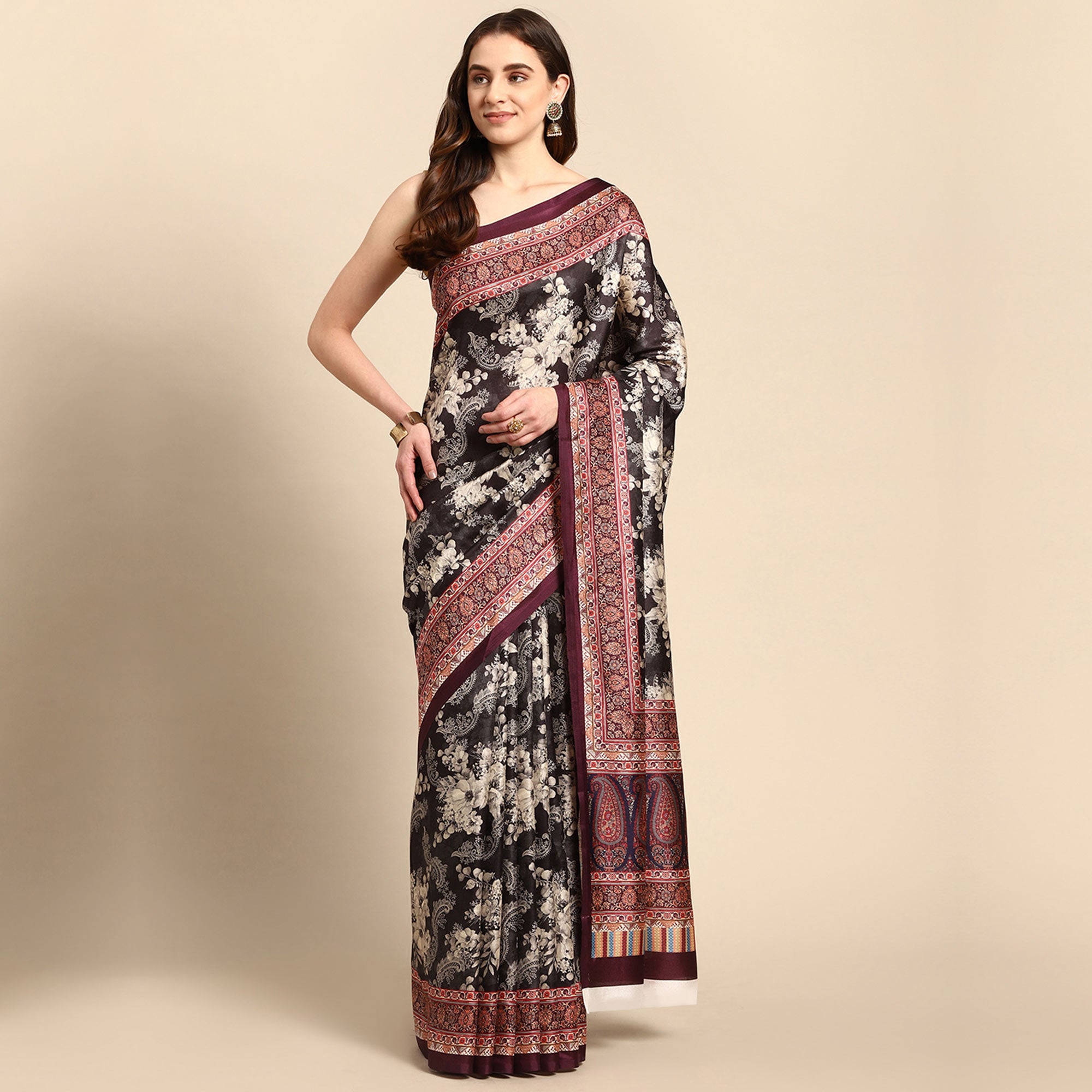 Black Digital Printed Pashmina Silk Saree