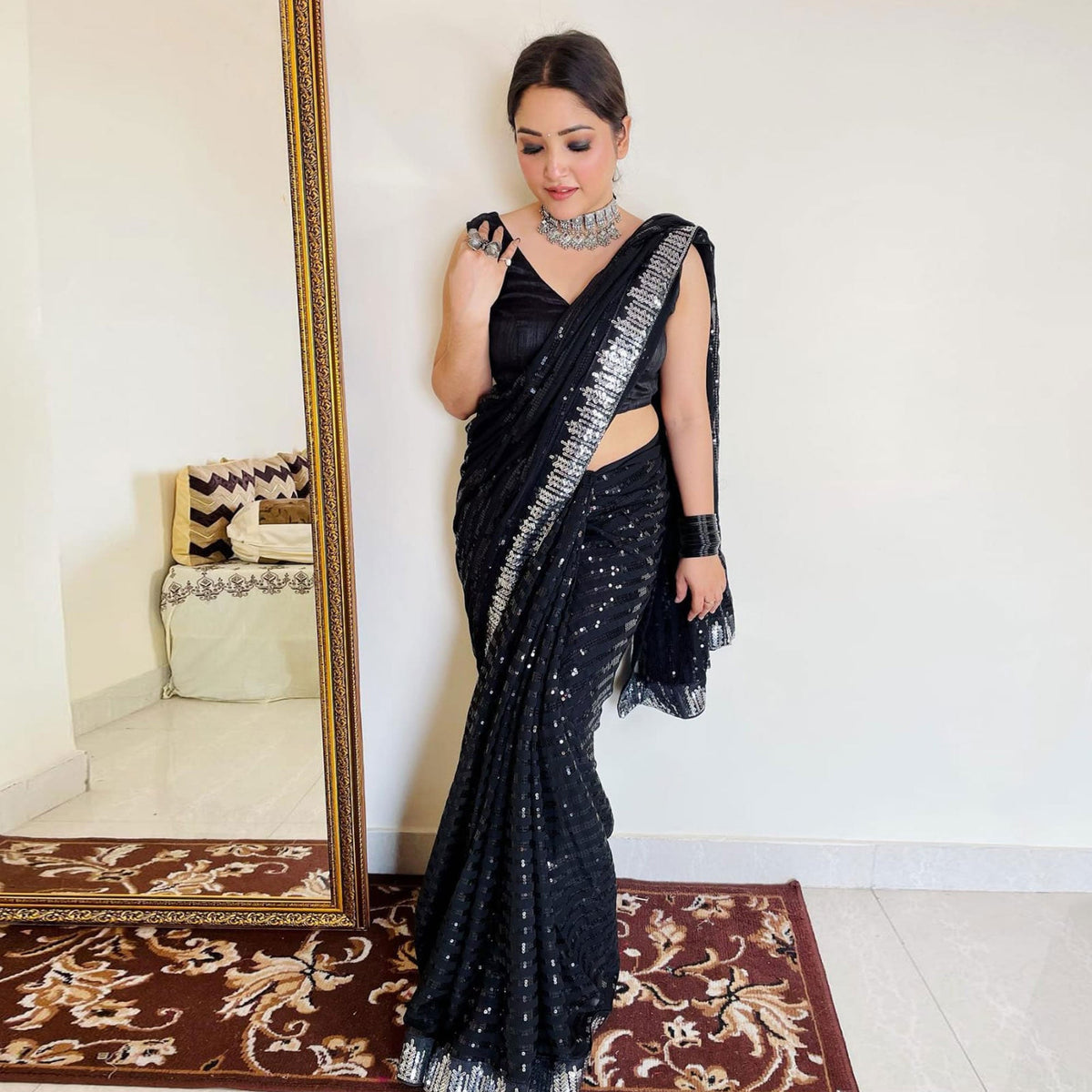 Black Sequins Embroidered Georgette Saree - Image 3