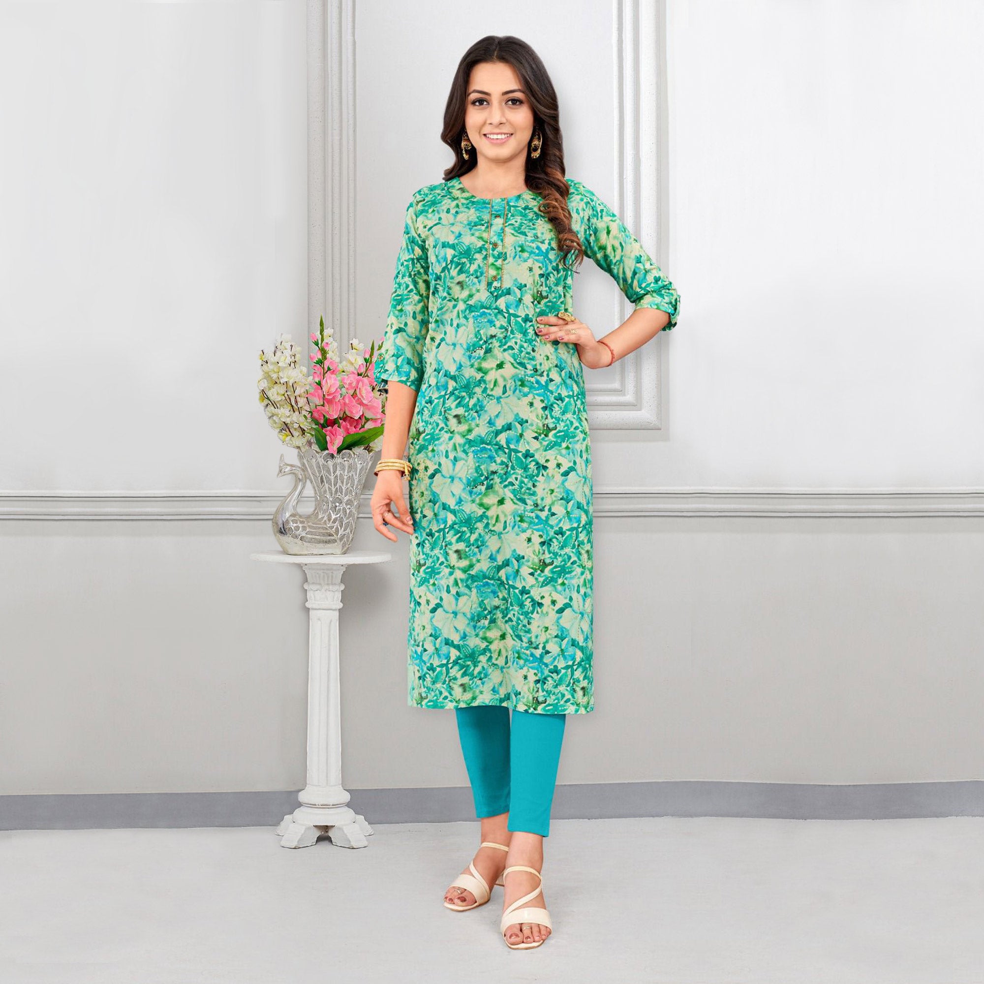 Turquoise Floral Foil Printed Rayon Kurti