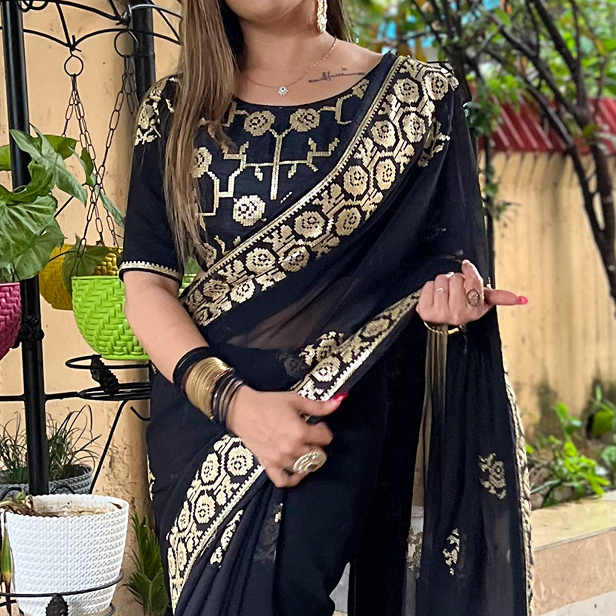 Black Sequins Embroidered Georgette Saree