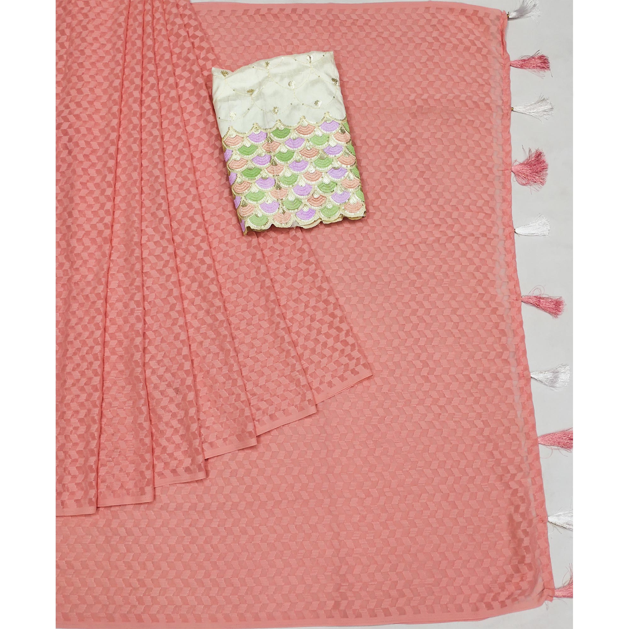 Peach Woven Jacquard Saree With Tassels