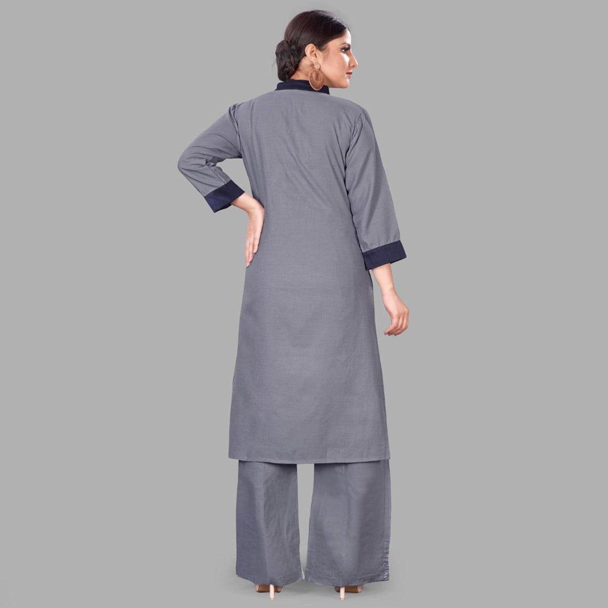 Grey Casual Wear Embroidered Cotton Palazzo Suit - Image 3
