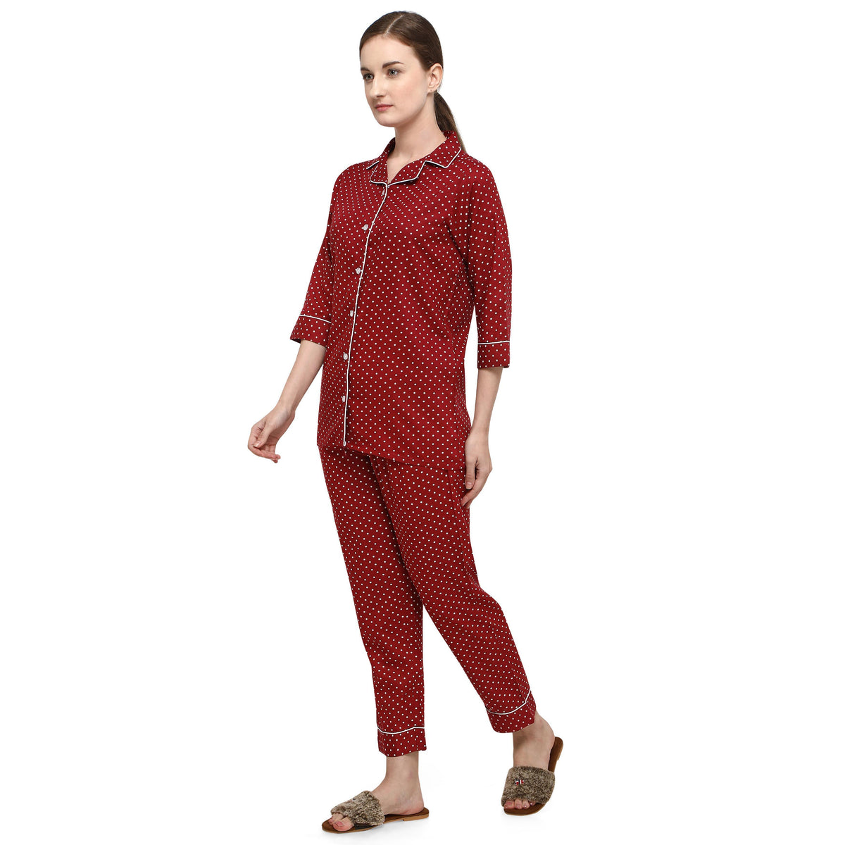 Maroon Casual Wear Printed Rayon Night Suit - Image 2