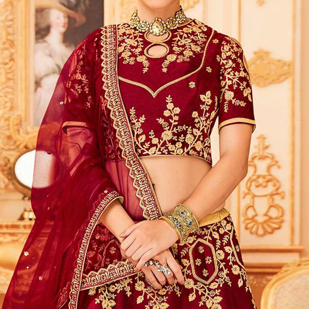 Maroon Embroidered Raw Silk Lehenga Choli - Image 2