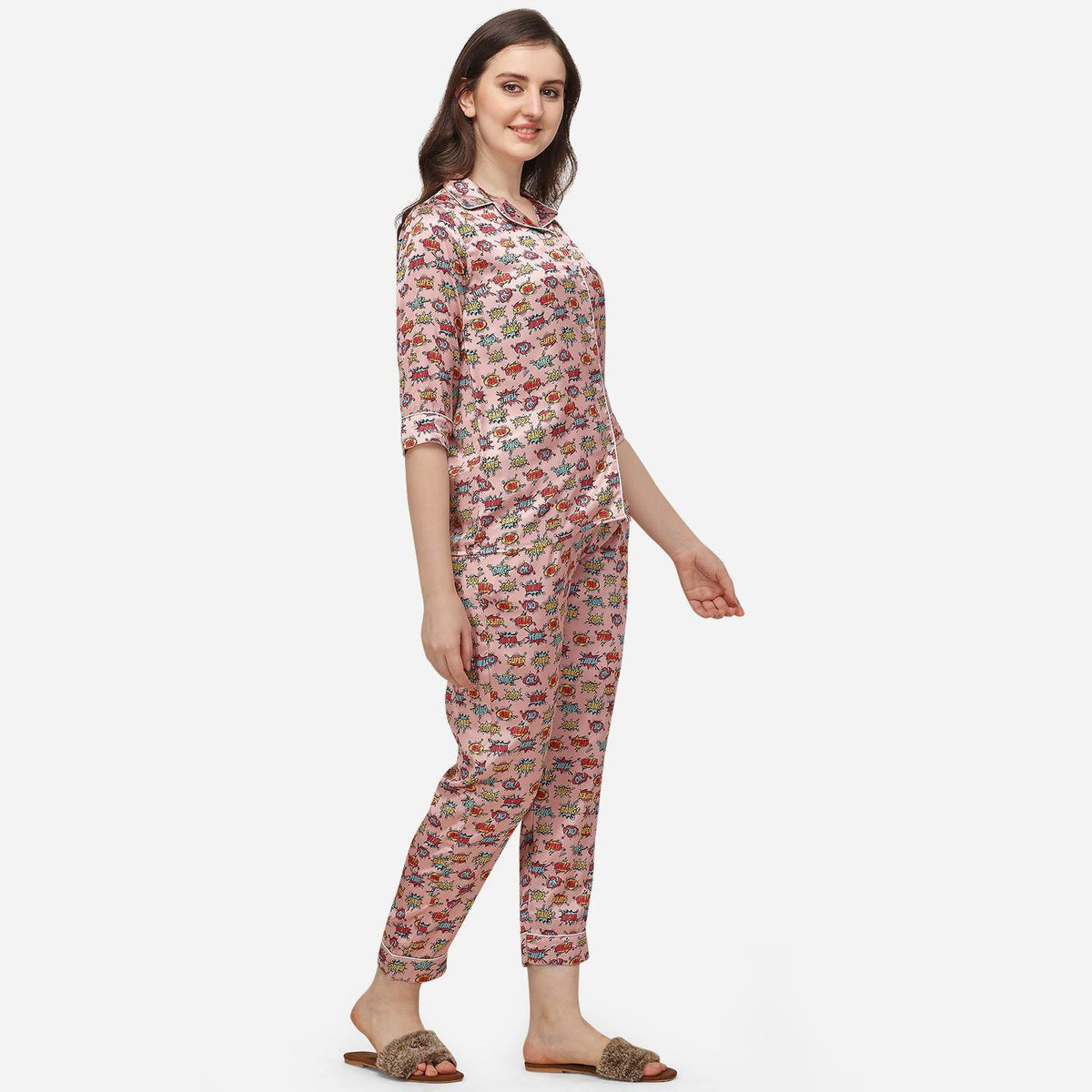 Peach Casual Wear Digital Printed Satin Night Suit - Image 2
