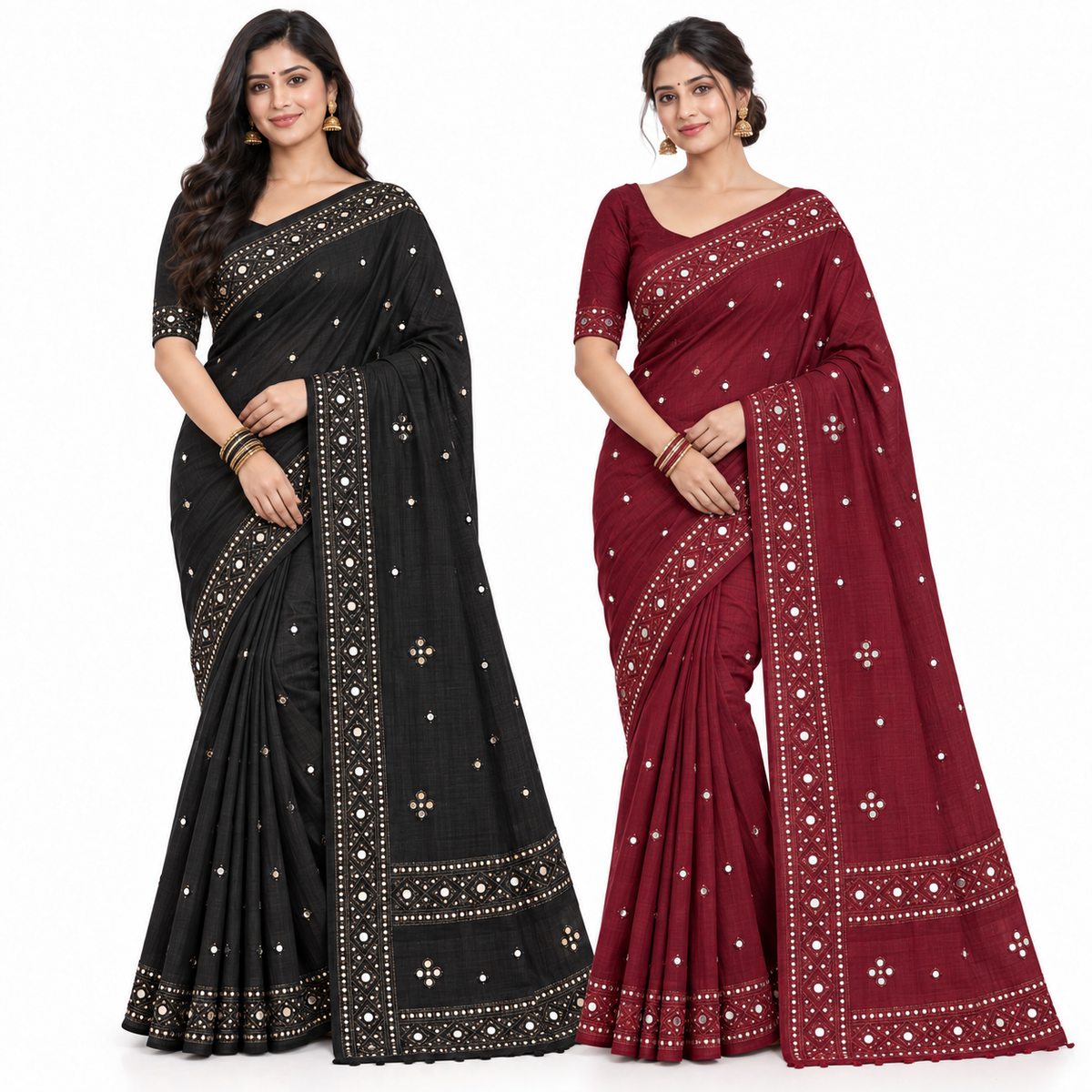 Peachmode Black and Wine Vidya Mirror Saree Duo