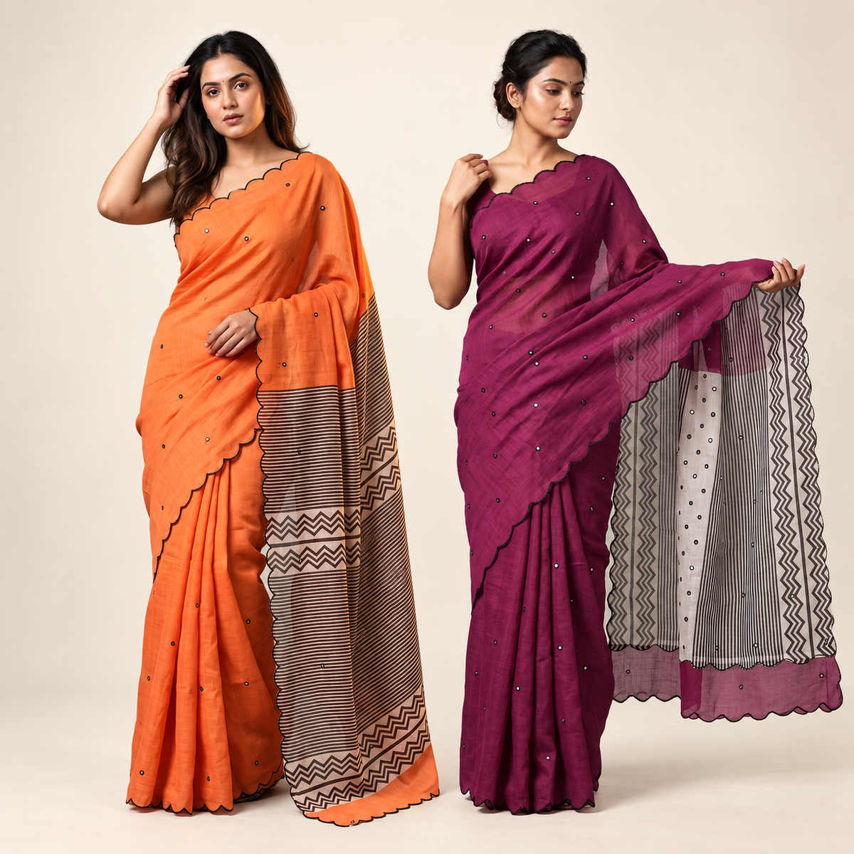 Peachmode Orange & Wine Zigzag Mirror Work Saree Duo - Pack of 2 — two-model combo