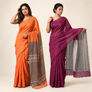 Peachmode Orange & Wine Zigzag Mirror Work Saree Duo - Pack of 2 — two-model combo