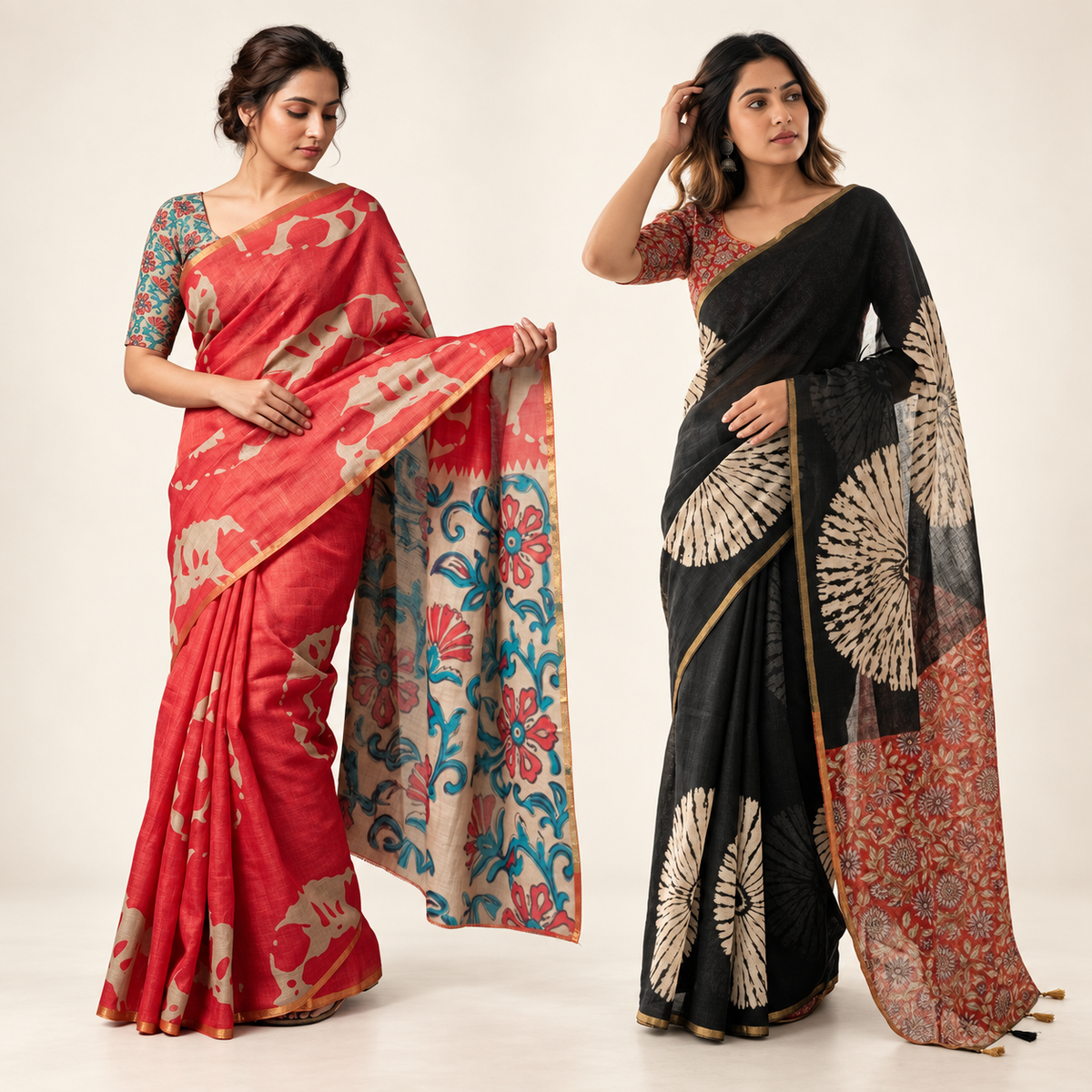 Peachmode Peach & Black Abstract Linen Saree Duo - Pack of 2 — two-model combo