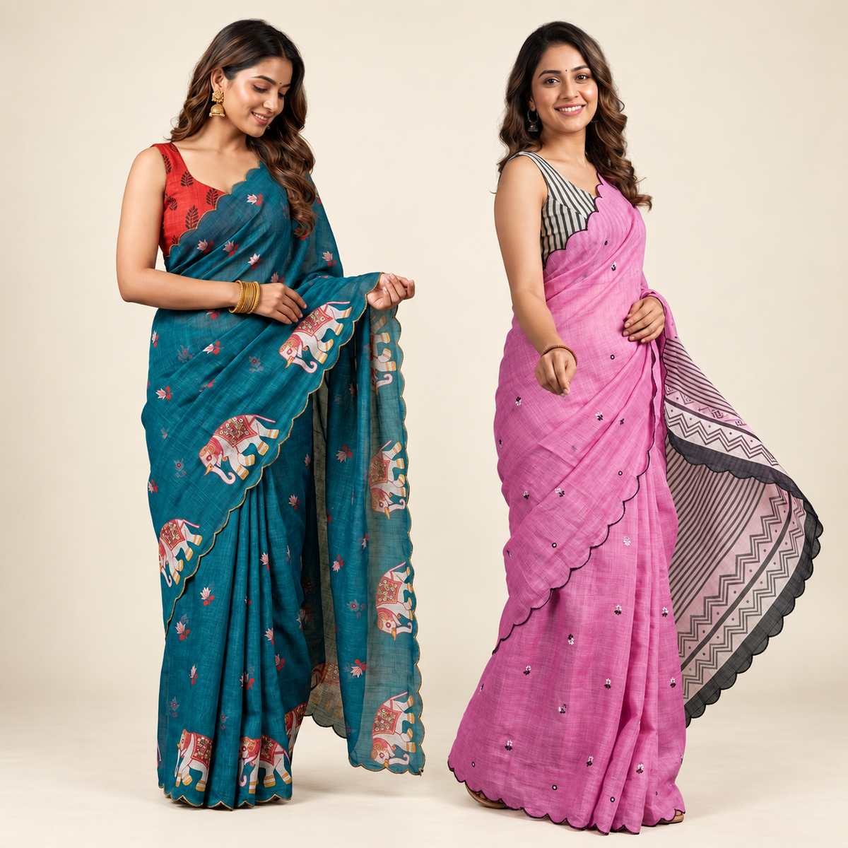 Peachmode Teal & Pink Printed Linen Saree Duo - Pack of 2 — two-model combo