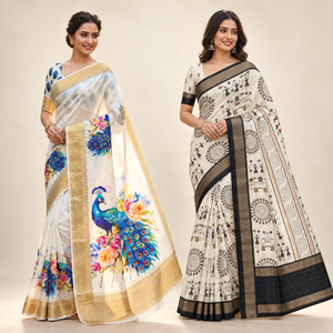 Peachmode White Blue & Cream Dola Silk Saree Duo - Pack of 2 — two-model combo
