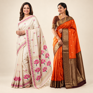 Peachmode Offwhite Jamdani & Orange Banarasi Saree Duo - Pack of 2 — two-model combo