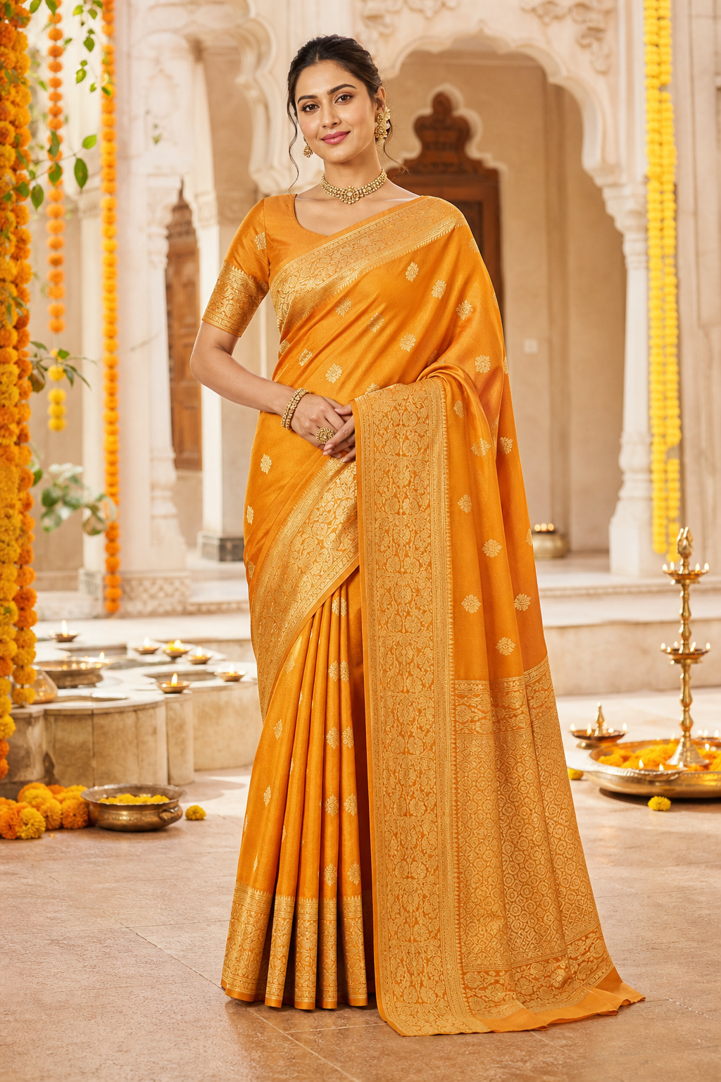 Shop festive saffron-gold sarees for celebrations