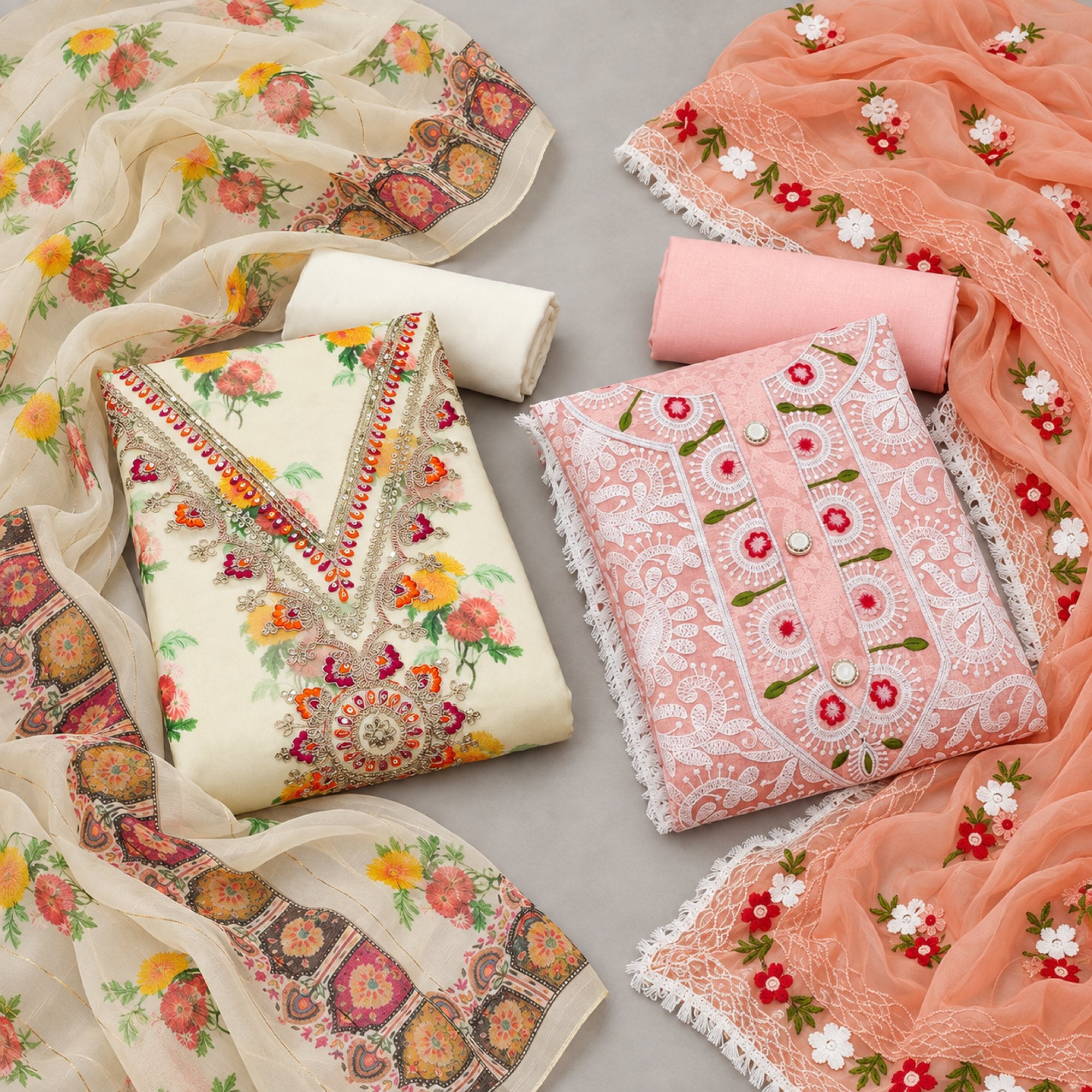 Peachmode Chanderi Occasion Duo - Unstitched Dress Materials (Pack of 2) — both products together in one studio