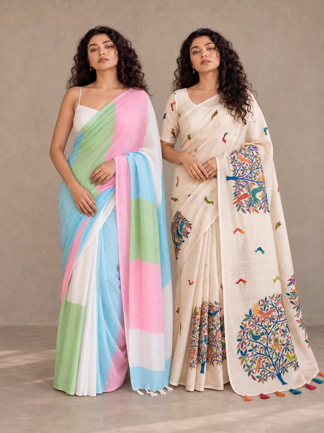 Peachmode Colour & Cream Linen Duo - Sarees (Pack of 2) — both products together in one studio