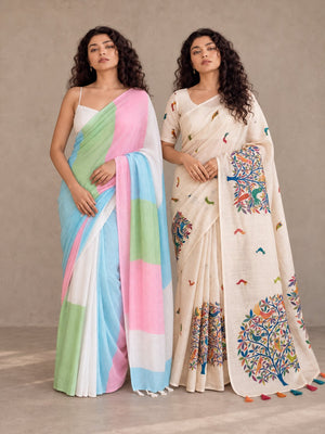 Peachmode Colour & Cream Linen Duo - Sarees (Pack of 2) — both products together in one studio