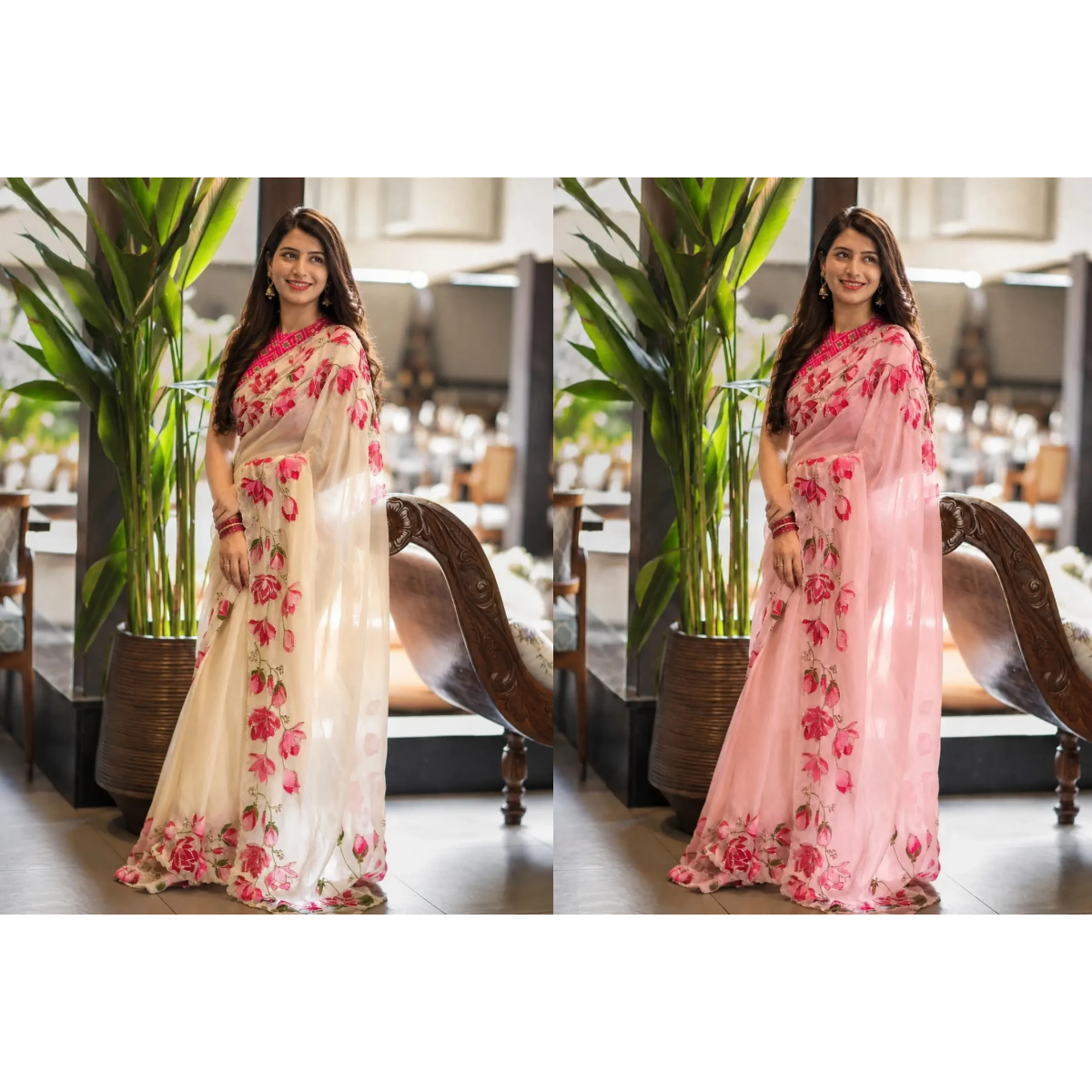 Peachmode Cream and Pink Fendy Silk Handwork Saree Duo