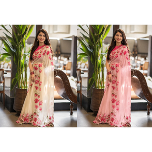Peachmode Cream and Pink Fendy Silk Handwork Saree Duo