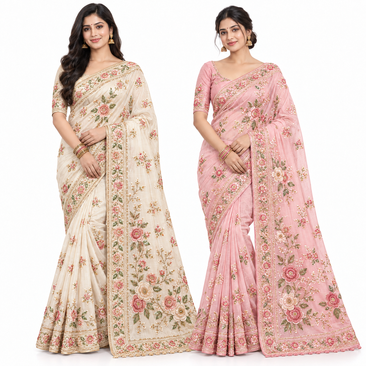 Peachmode Cream and Pink Fendy Silk Occasion Saree Duo