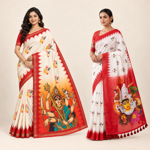 Durga Puja saree duo on models — PRYNX-DURGA-1003 and HELFAB-MAA-101