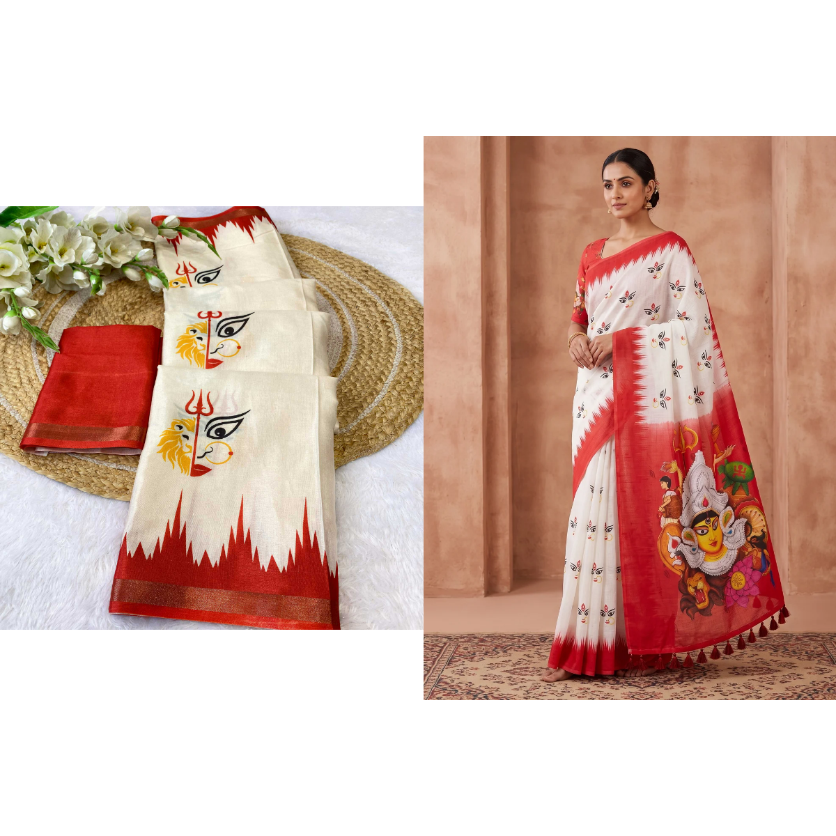 Peachmode Durga Puja Festive Saree Duo