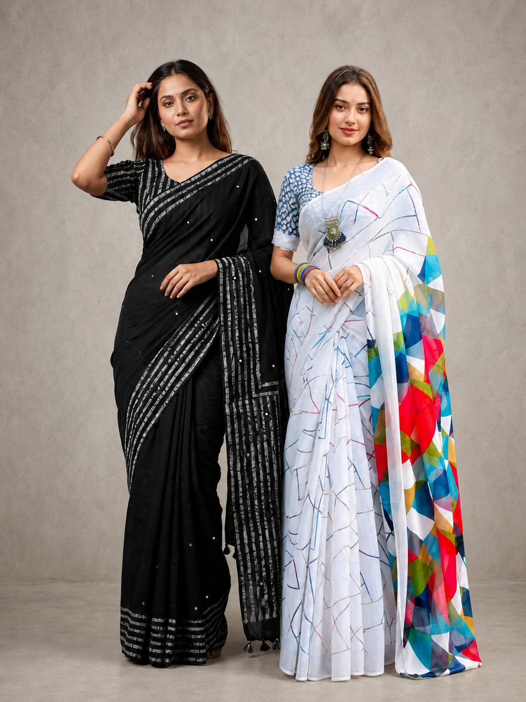 Peachmode Everyday & Evening Duo — black mirror-work and light blue geometric sarees together in one studio