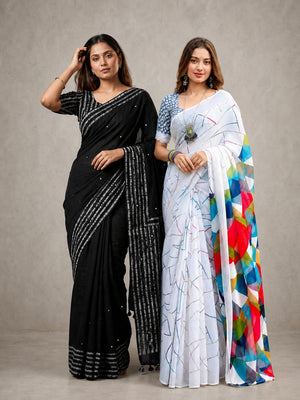 Peachmode Everyday & Evening Duo — black mirror-work and light blue geometric sarees together in one studio