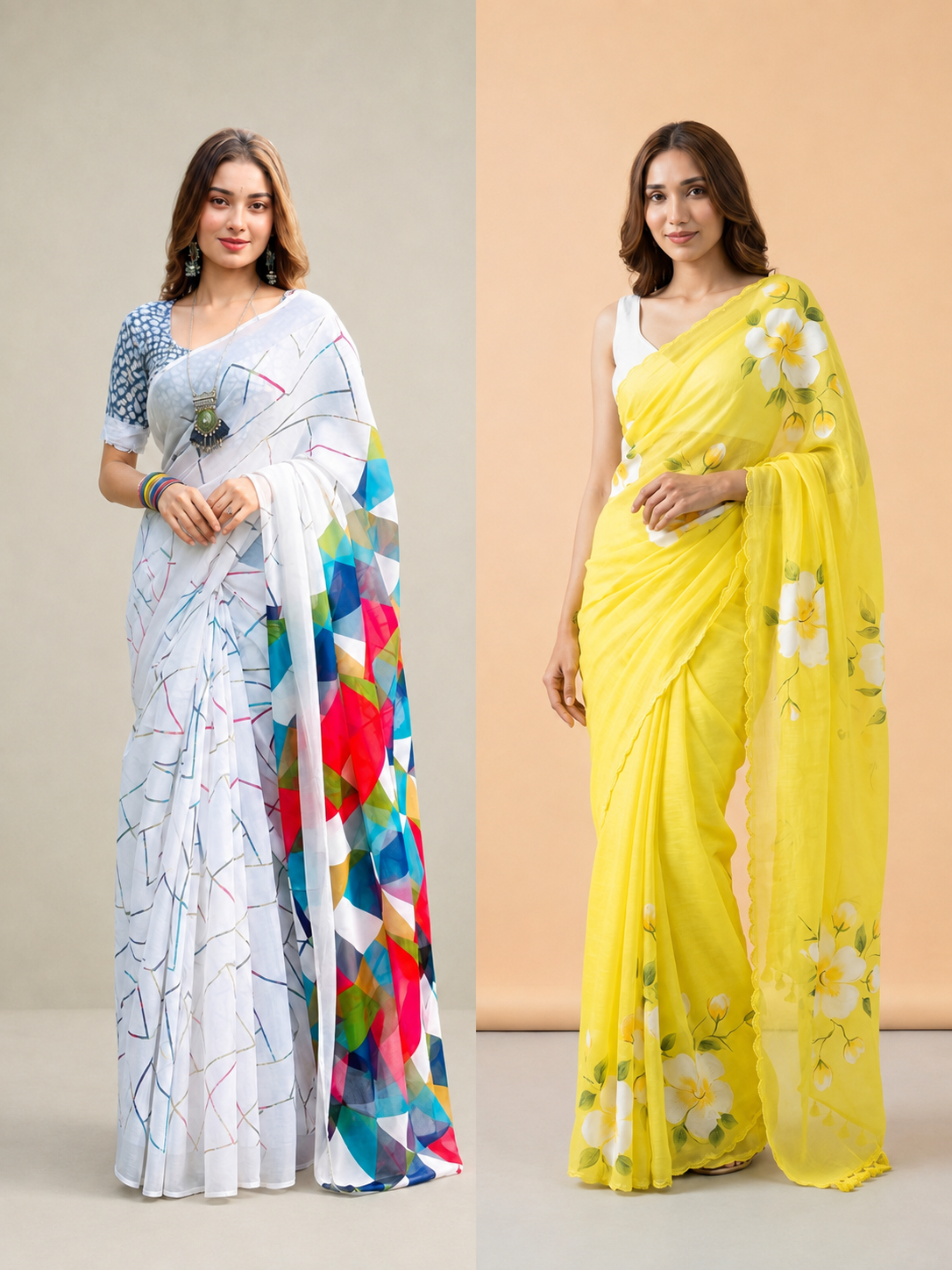 Peachmode Everyday Duo pack of two sarees: light blue geometric on the left and yellow floral on the right
