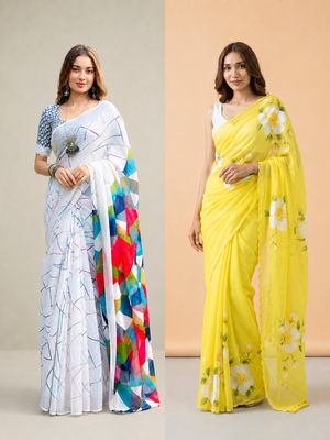 Peachmode Everyday Duo pack of two sarees: light blue geometric on the left and yellow floral on the right