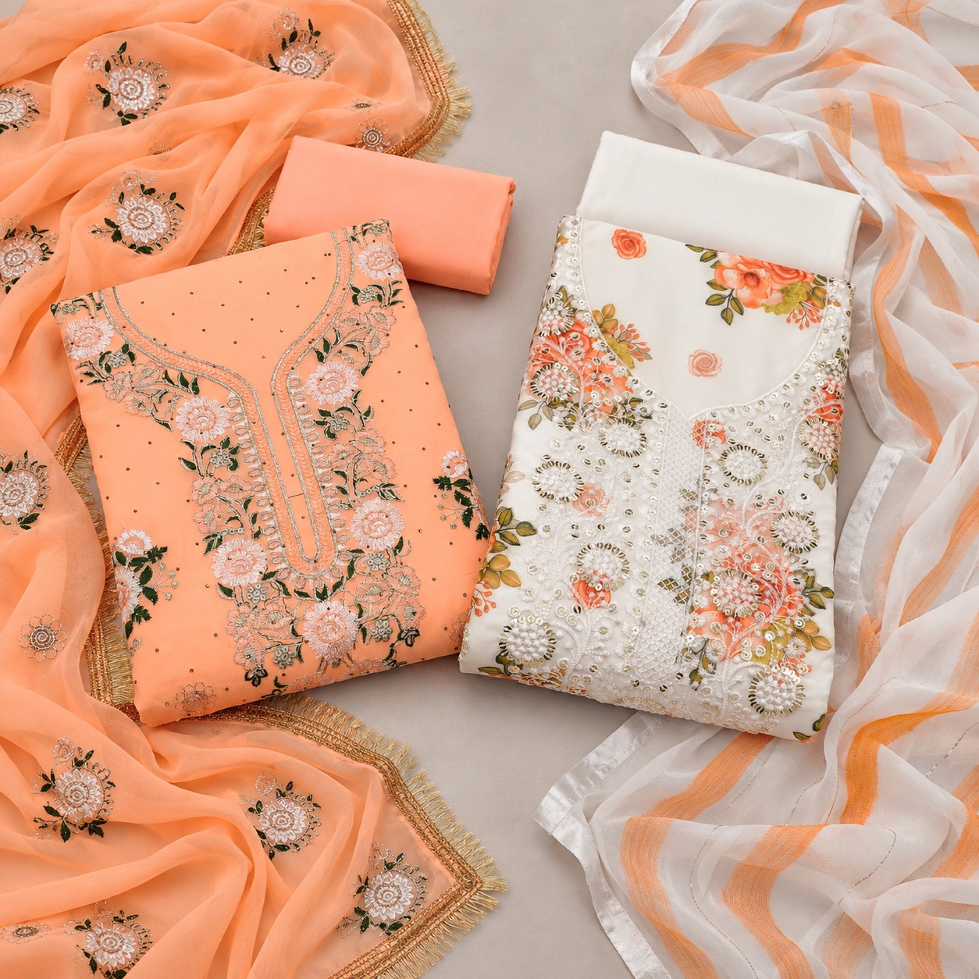 Peachmode Georgette Celebration Duo - Unstitched Dress Materials (Pack of 2) — both products together in one studio