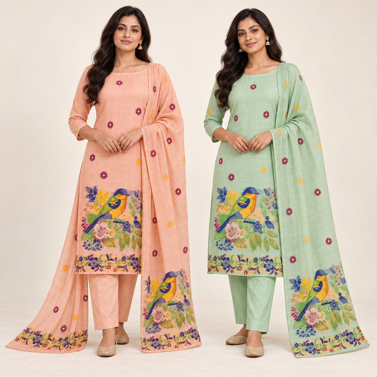 Peachmode Peach & Mint Jamdani Cotton Duo - all 2 included products shown together