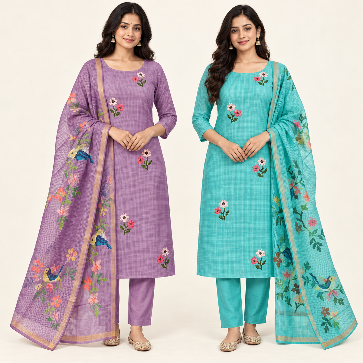 Peachmode Purple & Turquoise Kota Doria Duo - all 2 included products shown together