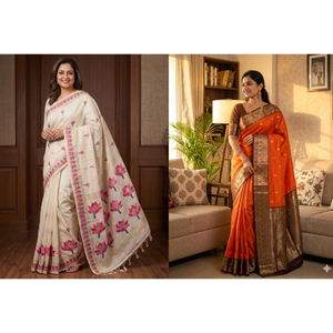 Peachmode Offwhite Jamdani and Orange Banarasi Saree Duo