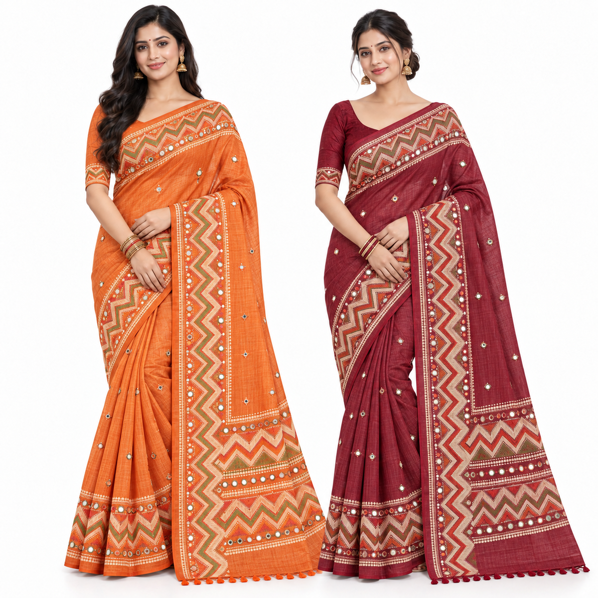 Peachmode Orange and Wine Zigzag Mirror Saree Duo
