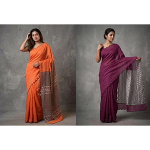 Peachmode Orange and Wine Zigzag Mirror Work Saree Duo