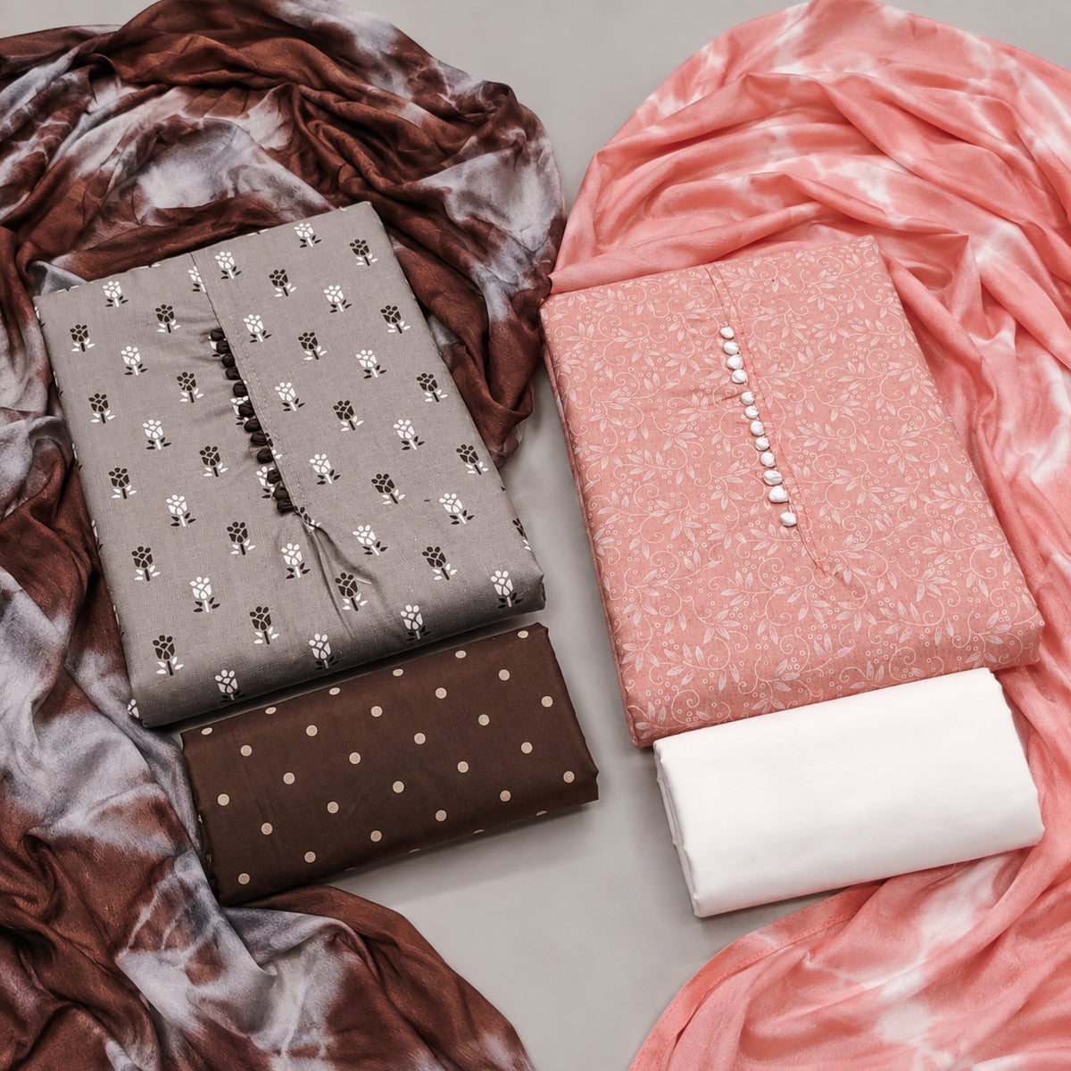 Peachmode Soft Neutral Print Duo - Unstitched Dress Materials (Pack of 2) — both products together in one studio