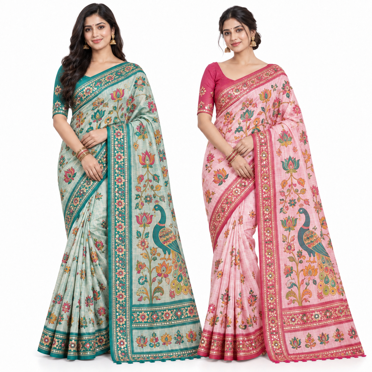 Peachmode Teal and Pink Aari Mirror Linen Saree Duo
