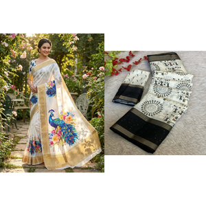 Peachmode White Blue and Cream Dola Silk Saree Duo