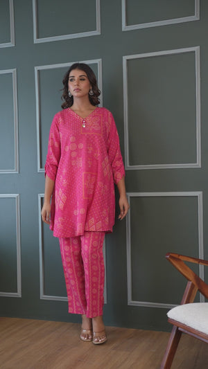 Festive-Ready Rani Pink Bandhani Printed Cotton Flex Straight Fit Co-Ord Set