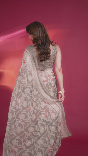 Graceful Grey Brasso Chiffon Saree with Floral Foil Print