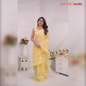 Yellow Mirror Work Embroidered Georgette Saree With Ruffle Border
