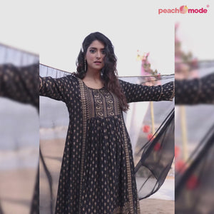 Black Foil Printed Rayon Naira Cut Suit