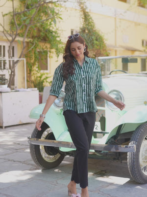 Green Striped Printed Pure Cotton Top