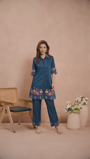 Ethereal Navy Blue Chinon Co-Ord Set with Floral Embroidery