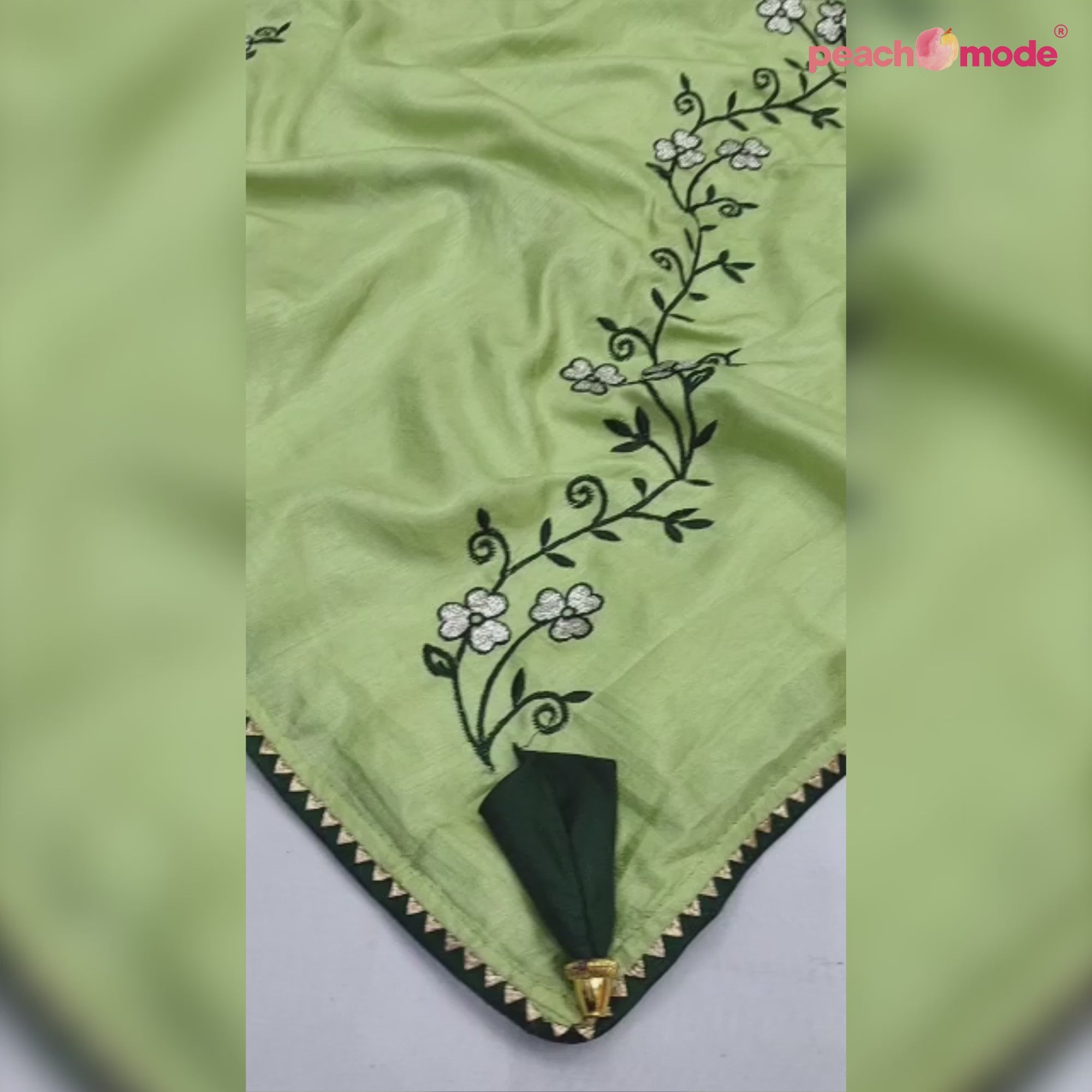 Pista Green Floral Embroidered Dola Silk Saree